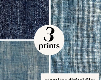 May include: A collage of three different blue denim fabric textures. The image includes the text "3 prints" and "seamless digital files".
