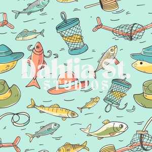 May include: A seamless pattern featuring a variety of fishing-themed illustrations, including fish, fishing nets, hats, and a red and white sign that reads "Dahlia St. Studios". The background is a light blue color.