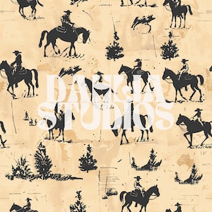May include: A seamless pattern featuring black silhouettes of cowboys riding horses on a beige background with a faded, distressed texture. The pattern includes trees, fences, and other western-themed elements. The text "DARIA STUDIOS" is visible in the center of the image.