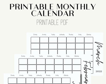 Printable Monthly Calendar 2022, Instant Download Print at Home Calendar Pages - Minimalist