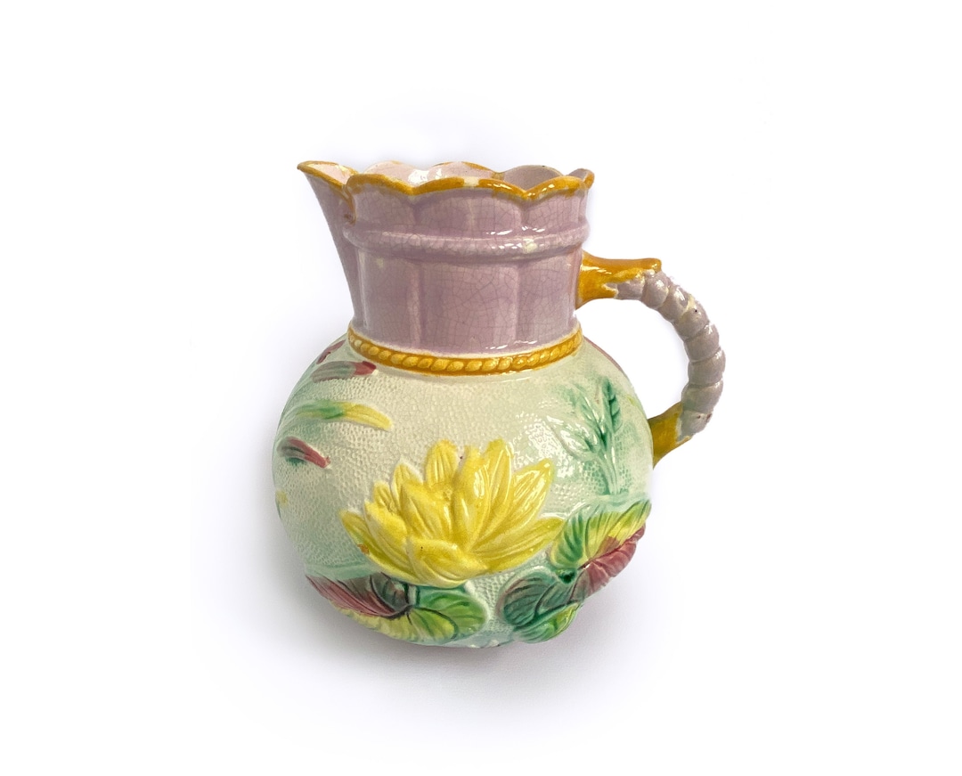 victorian-majolica-pitcher-water-lilies-flowers-leaves-pink-green