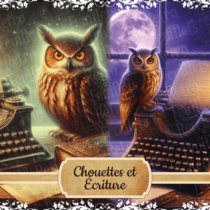 Clipart chouette et écriture, machine à écrire vintage, éphémères, collage, scrapbooking, autocollants, pour journal indésirable.