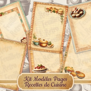 Puede incluir: Un conjunto de seis páginas de recetas imprimibles con un tema de cocina vintage. Cada página presenta una ilustración diferente de comida, como un pastel, un bizcocho o una olla de sopa. Las páginas están decoradas con patrones de cuadros y acentos florales. El texto "Kit Modeles Pages Recettes de Cuisine" está en la parte inferior de la imagen.