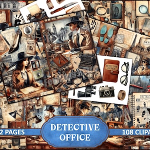 May include: A collage of vintage detective-themed illustrations. The images include a detective, magnifying glass, typewriter, binoculars, and a notebook labeled "Detective Office." The text "Detective Office," "12 Pages," and "108 Clipart" are also visible.