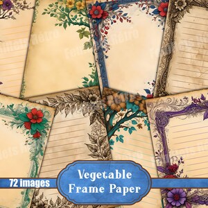 Páginas vintage de plantas para o Junk Journal, papel de carta, pautado e decorado com árvores e flores. Sépia e multicolorido.