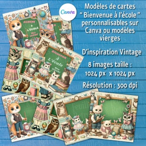 Modèles imprimables de cartes de bienvenue pour la rentrée scolaire, personnalisables sur Canva ou en modèles vierges, pour les enseignants.