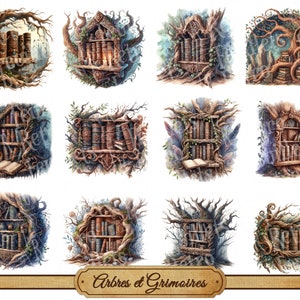 Clipart arbres et grimoires, sortilèges, formules magiques, alchimie, éphémères mystiques pour Junk journal, collage, scrapbooking