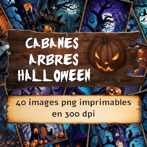 Cabanes Halloween dans les arbres, fantasy, mystérieux, effrayant, pour Junk journal, scrapbooking, collage, décorations diverses