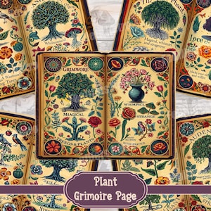 May include: A collection of eight vintage-style illustrations of magical trees and plants. Each illustration is framed in a decorative border with ornate details. The illustrations feature a variety of plants and trees, including a whimsical tree, a strange tree, and a tree with a magical aura. The illustrations are labeled with names like "Pigitsl", "Whilnmiscul", "Grimwore", "Loce of Spest & Plants", "Auden Blais Ifoy", and "Imugiade Strigne". The illustrations are perfect for adding a touch of whimsy and magic to any project.