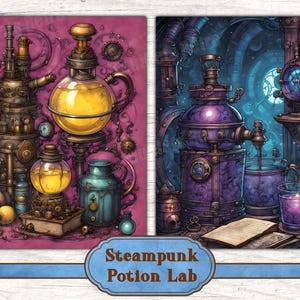 May include: Two steampunk-themed illustrations. The left image features a pink background with various mechanical devices and glass containers filled with yellow liquid. The right image shows a purple and blue laboratory scene with a large clock and a glass of purple liquid. The text "Steampunk Potion Lab" is at the bottom.