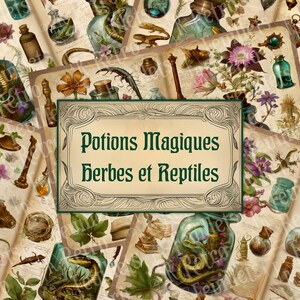 Potions herbes, fleurs, reptiles, magiques, mystiques, alchimie, sort, sorcière, envoutement, junk journal, vintage, collage, scrapbooking