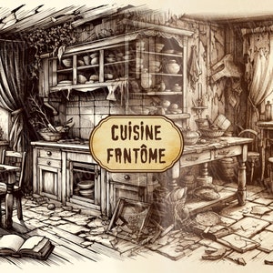 Imágenes prediseñadas de cocina abandonada, aterradora, embrujada, efímera para diario basura y scrapbooking, kit imprimible