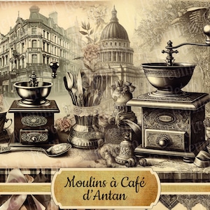 Clipart moulin à café vintage pour Junk journal, couleur nuances sépia, décoration rétro, photo ancienne, éphémères, collage, scrapbooking
