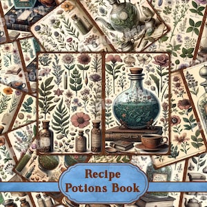 Peut inclure: Un collage d'illustrations botaniques et d'éléments sur le thème des potions. L'image présente une bouteille de potion centrale avec un liquide vert, entourée de cartes avec des motifs floraux, des flacons de potion et le texte "Recipe Potions Book".