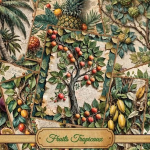 Páginas de diarios basura de frutas tropicales, vintage, diario herbolario efímero, jardinería, flores, plantas tropicales de herbario.