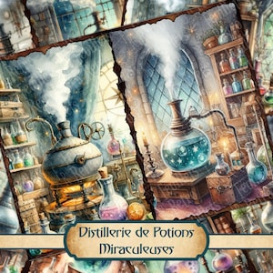 May include: A vintage illustration of a potion distillery with glass bottles filled with colourful liquids, steam rising from a large metal pot, and a sign that reads "Distillerie de Potions Miraculeuses".