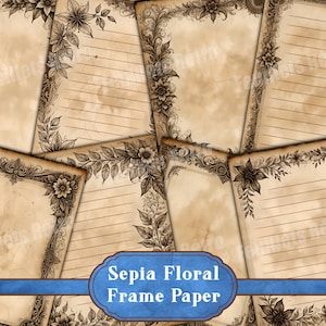 Vintage sepia plant frame pages for Junk Journal, letter paper, ephemera, lined page.