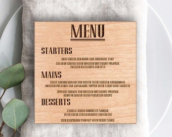 Hochzeitskarte Holz, Holz Gravur Menü, Hochzeitsmenü personalisiertes Hochzeitsmenü, Hochzeitsmenüschild, Rustikales Hochzeitsmenü Holzmenü