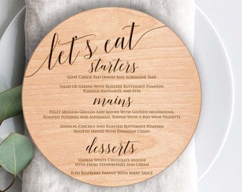Hochzeitskarte Holz, Holz Gravur Menü, Hochzeitsmenü personalisiertes Hochzeitsmenü, Hochzeitsmenüschild, Rustikales Hochzeitsmenü Holzmenü