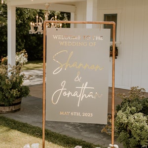 Wedding Welcome Sign Large Welcome Sign Frosted Acrylic and Gold Welcome Sign Engagement Party Sign Gold Wedding Party Sign, Gold Stand