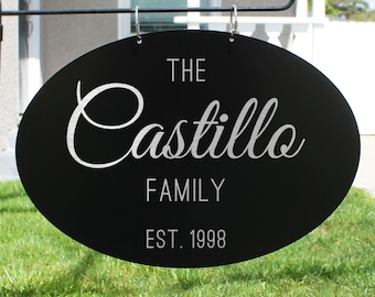 Puede incluir: Señal de metal de forma ovalada negra con texto blanco que dice "The Castillo Family Est. 1998". La señal está unida a una estaca de metal negra.