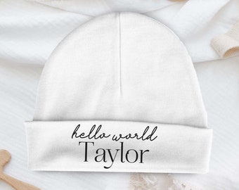 Personalized Baby Hat | Personalized Newborn Hat | Custom Baby Boy and Girl Hats | Custom Newborn hat | Baby Beanie --BN-W-HELLOWORLD