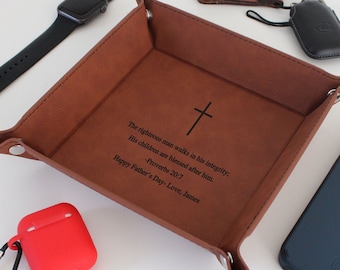 Proverbs 20:7 Religious Personalized Valet Tray Catch all Tray Coin Tray Leather Valet Tray Leather Catch all Tray Travel Tray --VT-DB-21