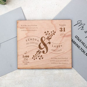 Invitación de madera, invitación de boda de madera, invitación de boda de madera, invitación de madera grabada con láser, invitación de madera, tarjeta de boda de madera, invitaciones rústicas