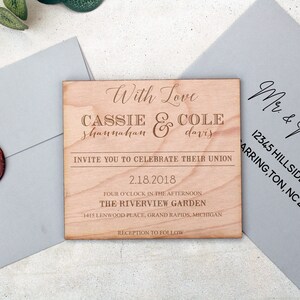 Invitación de madera, invitación de boda de madera, invitación de boda de madera, invitación de madera grabada con láser, invitación de madera, tarjeta de boda de madera, invitaciones rústicas