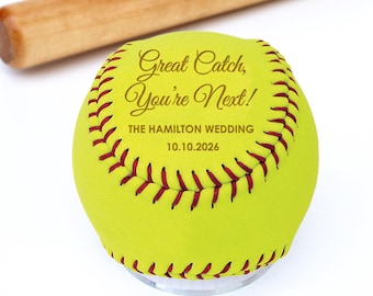 Personalized Softball Wedding Garter Toss, Custom Bridesmaids Wedding Guest Award Gift, Great Catch You're Next