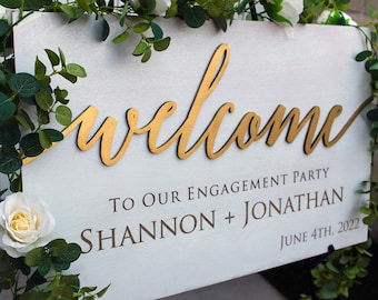 Wedding Welcome Sign Large Welcome Sign White and Gold Welcome Sign Engagement Party Sign Gold Engagement Party Sign --SIGN-WG3D-JONSHANNON