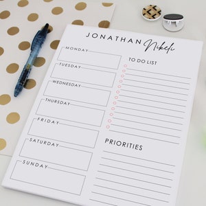 Personalizowany notatnik z artykułami piśmienniczymi | 8,5 x 11 TYGODNIOWY PLAN NOTATNIK - spersonalizowany notatnik, spersonalizowany tygodniowy notatnik z planem, tygodniowy notatnik planera
