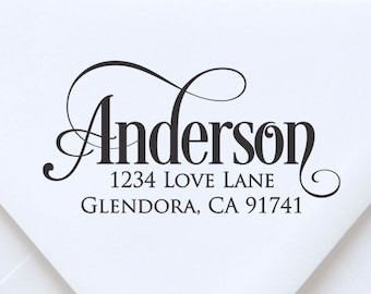 May include: A black and white return address stamp with the name "Anderson" in a cursive font. The address is "1234 Love Lane, Glendora, CA 91741".