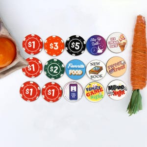 May include: A set of 12 colourful round tokens with various designs and dollar amounts. The tokens feature images of ice cream, books, food, game controllers, and movie tickets. The tokens are perfect for a game night or family activity.