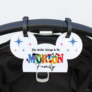 Personalized Stroller Name Tag, Mouse Ears Sign, Stroller License Plate Sign for Theme Parks, Amusement Park Family Sign --STR1-SUB-MORTON