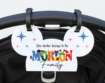 Personalized Stroller Name Tag, Mouse Ears Sign, Stroller License Plate Sign for Theme Parks, Amusement Park Family Sign --STR1-SUB-MORTON2