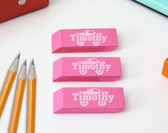 Personalized Set of 3 Erasers, Rubber Erasers, Back To School Gifts, Custom Erasers, School Gift, Personalized Rubber Eraser --ERS-P-TRUCK