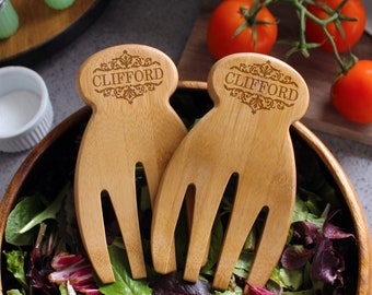 Personalized Salad Hands, Custom Engraved Salad Hands, Personalized Bamboo Salad Hands, Bamboo Salad Hands, Kitchen Gifts, Bamboo Utensils