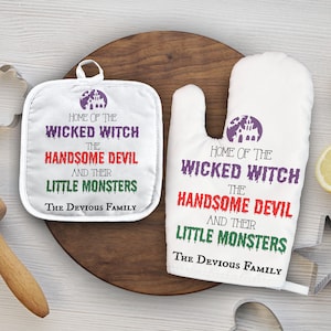 Halloween Oven Mitt and Pot Holder Set | Halloween Personalized Oven mitt | Pot Holder Personalized Halloween Decor  --OVM-W-LITTLEMONSTERS