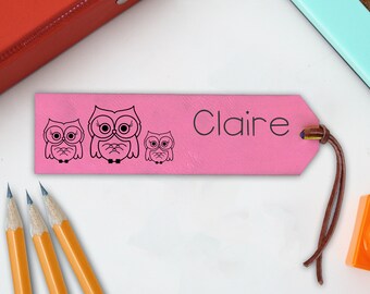 Marcador personalizado, Marcador de cuero personalizado, Marcador de cuero grabado, Marcadores para niños, Marcadores para niños Búhos de regalo de regreso a la escuela