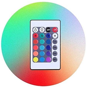 May include: A white remote control with a variety of buttons, including "ON", "OFF", "FLASH", "STROBE", "FADE", and "SMOOTH". The remote control has a grid of colored buttons, including red, green, blue, and white.