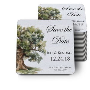 Può includere: Annuncio di matrimonio "Save the Date" con un'illustrazione ad acquerello di un albero. L'annuncio include i nomi Jeff & Kendall e la data 12.24.18.