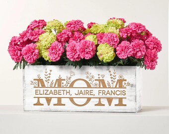 Personalized Wooden Planter Box for Mom | Custom Engraved Flower Pot, Farmhouse Garden Decor