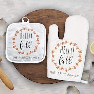 Fall Personalized Oven Mitt and Pot Holder Set | Halloween Personalized Oven mitt | Pot Holder Personalized Kitchen Gifts  --OVM-W-HELLOFALL