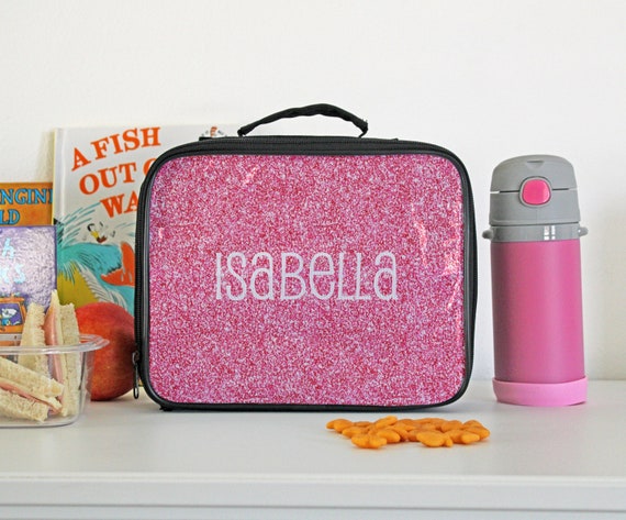 Personalised Girls Lunch Bag Childrens School Insulated Glitter Heart Snack  Box