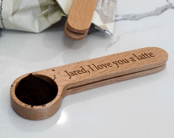 Personalized Coffee Scoop Bag Clip, Coffee Scoop Clip, Custom Coffee Scoop, Coffee Lover, Wood Coffee Scoops Coffee Scoop clip --cscp-nw-100