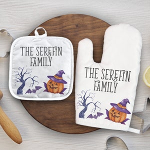 Halloween Oven Mitt and Pot Holder Set | Halloween Personalized Oven mitt | Pot Holder Personalized Halloween Decor  --OVM-W-SEREFIN