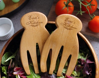 Personalized Salad Hands, Custom Engraved Salad Hands, Personalized Bamboo Salad Hands, Bamboo Salad Hands, Kitchen Gifts, Bamboo Utensils