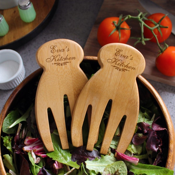Personalized Salad Hands, Custom Engraved Salad Hands, Personalized Bamboo Salad Hands, Bamboo Salad Hands, Kitchen Gifts, Bamboo Utensils