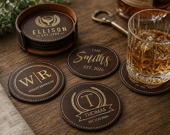 Personalized Leather Coaster Set with Holder | Custom Whiskey Coasters | Engraved Bar Gift | Man Cave Gift | Father's Day Gift